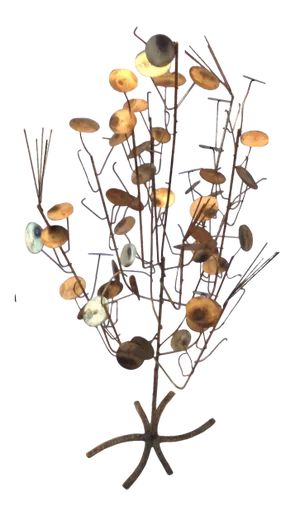 Vintage Mid-Century Brutalist Free Standing Metal Work Tree Sculpture by C. Jere Rain Drop