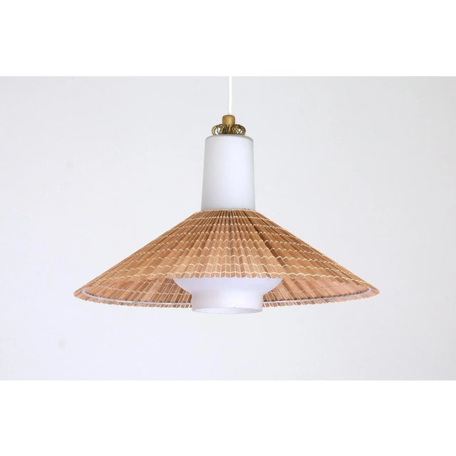Pendant in Opal Glass, Lamellar Aspen Wood and Brass by Paavo Tynell for Idman, 1950s For Sale - Image 11 of 11