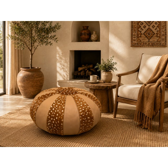 Contemporary Luxury Handmade Moroccan Leather Pouf | Artisan Ottoman | For Sale - Image 3 of 4