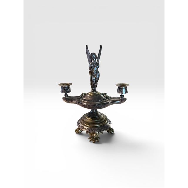 Silver Pair of Antique Victorian Silver Plate Cherub Two-Light Candlesticks For Sale - Image 8 of 12