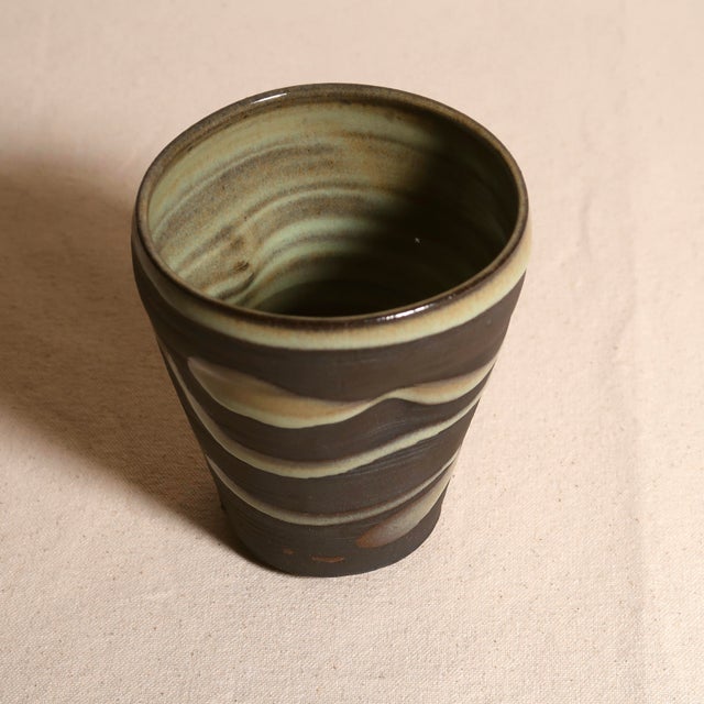 2000 - 2009 Signed Handmade Studio Pottery Cup With Abstract Green Drip Glaze on Dark Clay For Sale - Image 5 of 12