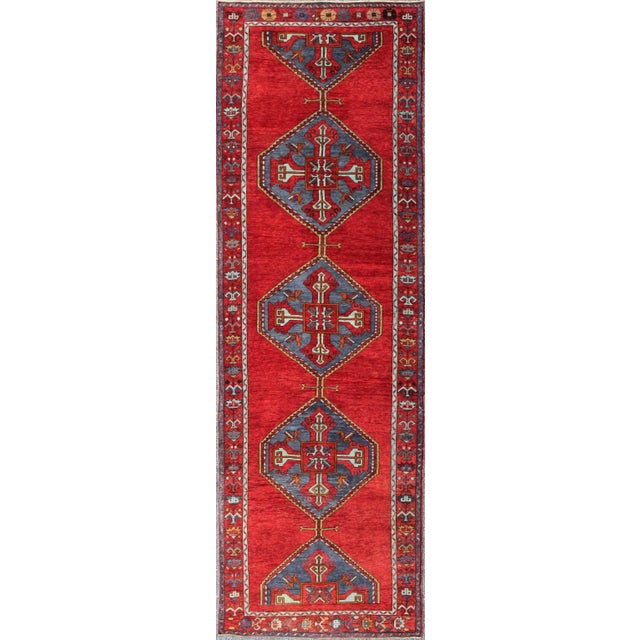 Textile Colorful Turkish Wide Runner in Rich Red and Steel Blue 3'10 X 12'7 For Sale - Image 7 of 7