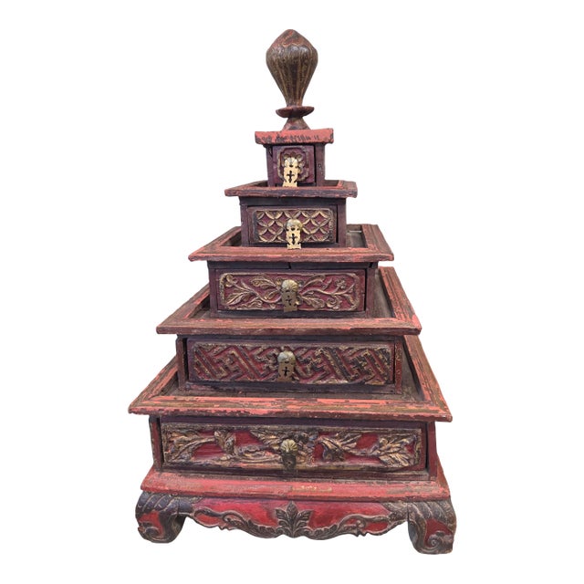 Vintage Sumatra, Indonesia Lacquer Pyramid Shaped Jewelry Box With Five Drawers For Sale
