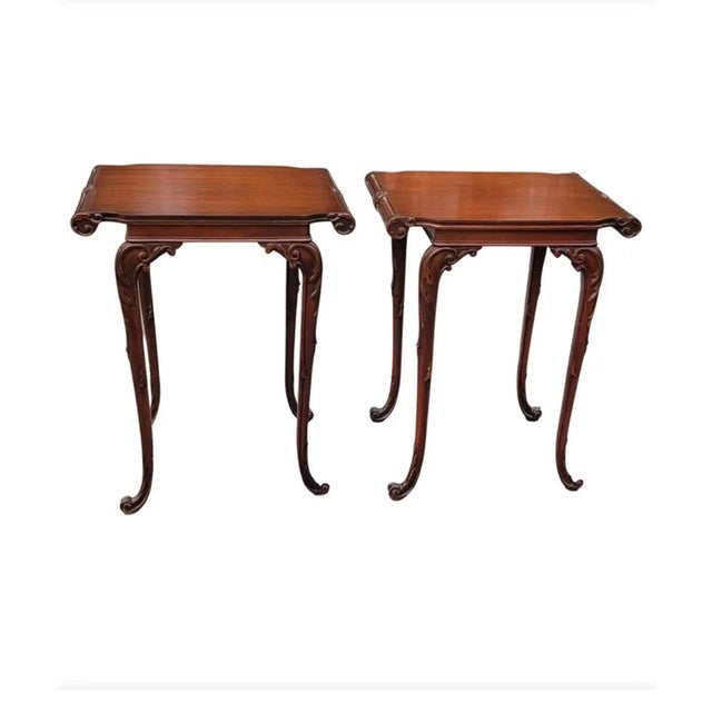 An exquisite Pair of Chinese Chippendale Style Mahogany End Tables with beautiful carvings. Very finely crafted. Very good...