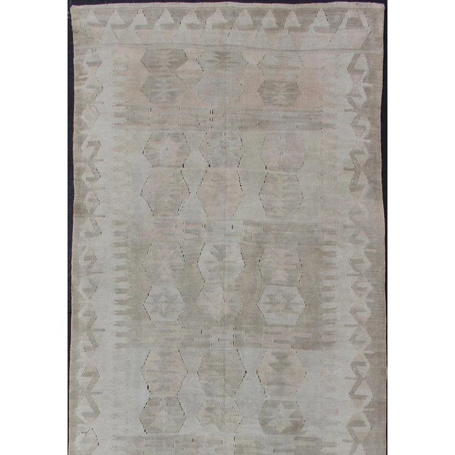 Cream, Brown, and Green Hand Woven Antique Turkish Kilim Flat-Weave Gallery Runner For Sale - Image 4 of 13