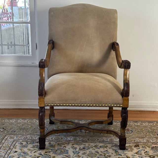 Wood Vintage Richelieu Arm Chair in Antiqued Wood, Suede and Metallic Studs by Kreiss, a Pair For Sale - Image 7 of 12