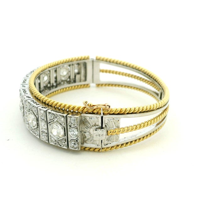 French Art Deco Platinum, 18k Gold & 6.11 Carat Diamond Bracelet, Circa 1930 For Sale In Miami - Image 6 of 11