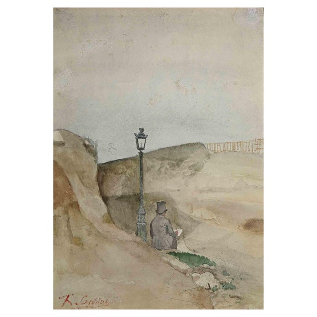 Unknown, The Writer on the Rocks, Original Watercolor, Early 20th Century For Sale