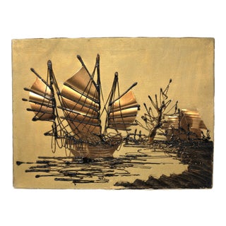 1970's Gold and Black Junk Ship Nautical Textile Art For Sale