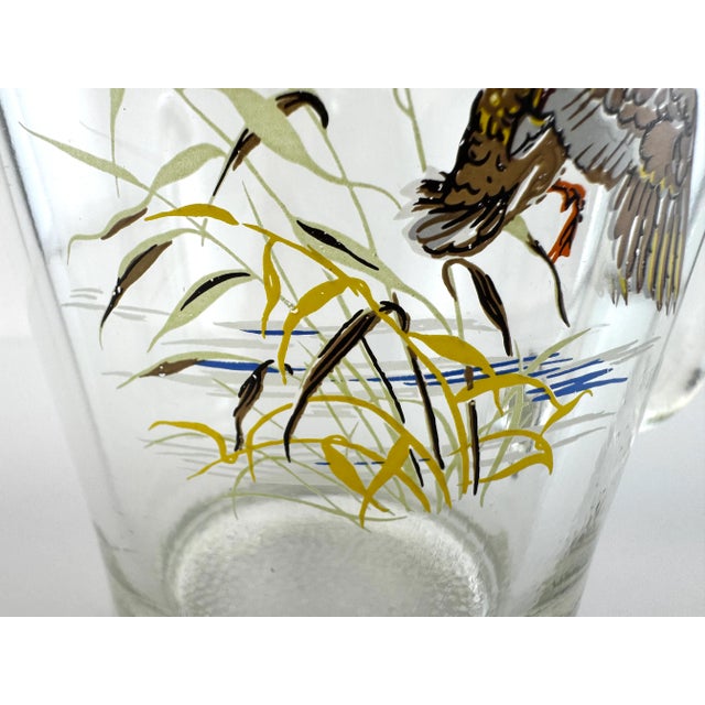 Vintage Mid Century Mallard Duck Glass Pitcher With Hand-Painted Scene For Sale - Image 4 of 14