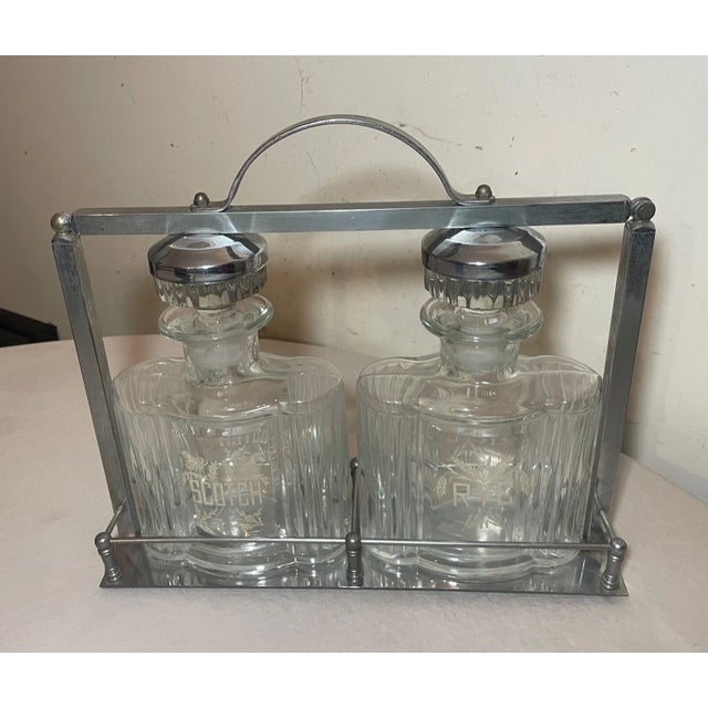Vintage Mid Century Modern Glass Tantalus Decanter Scotch Rye Liquor Bottle Set - 3pcs For Sale - Image 4 of 13