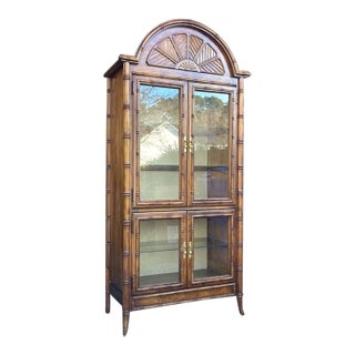 Vintage Faux Bamboo Arched Cabinet | Tall Glass Curio | Hutch For Sale