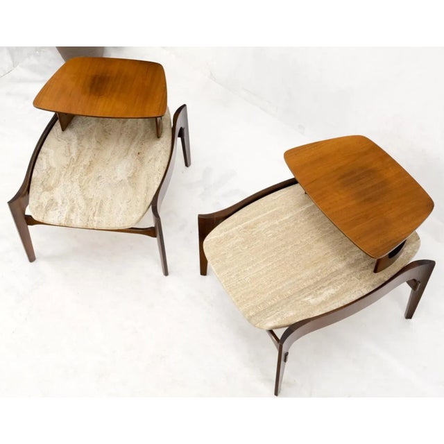 Pair Walnut Travertine Tops Step Side End Tables Bertha Schaefer Singer Sons For Sale - Image 12 of 13