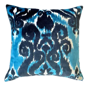 FirmaMenta Italian Bright Blue and Navy Blue Ikat Velvet Pillow