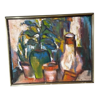 1960s Original Still Life Painting Potted Plants Vase Colorful Expressionist Framed Art For Sale