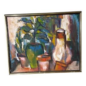 1960s Original Still Life Painting Potted Plants Vase Colorful Expressionist Framed Art