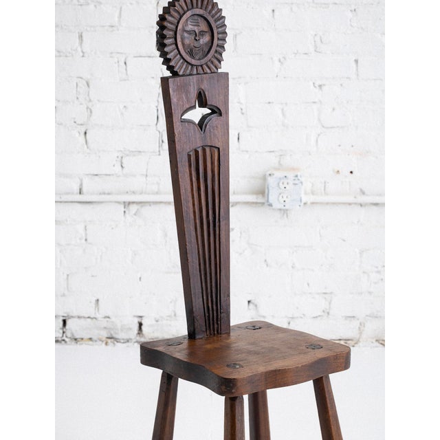 French Brutalist Carved “Sun Face” Stool, France, Circa 1950s For Sale - Image 10 of 11