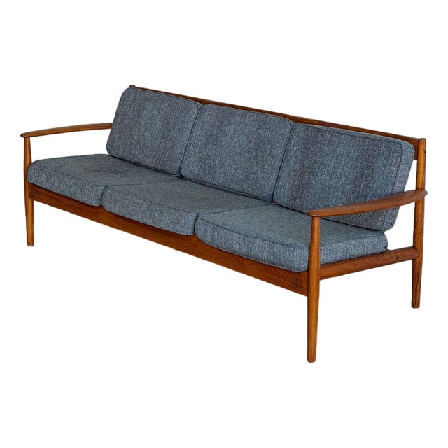In Style of France and Son Cado Sofa Model 56 Couch Grete Jalk Teak Wood Grey Upholstered Denmark Mid-Century Modern 1960s For Sale