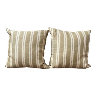 Pair of Custom Throw Pillows in Rogers and Goffigon Designer Woven Stripe Linen Fabric For Sale