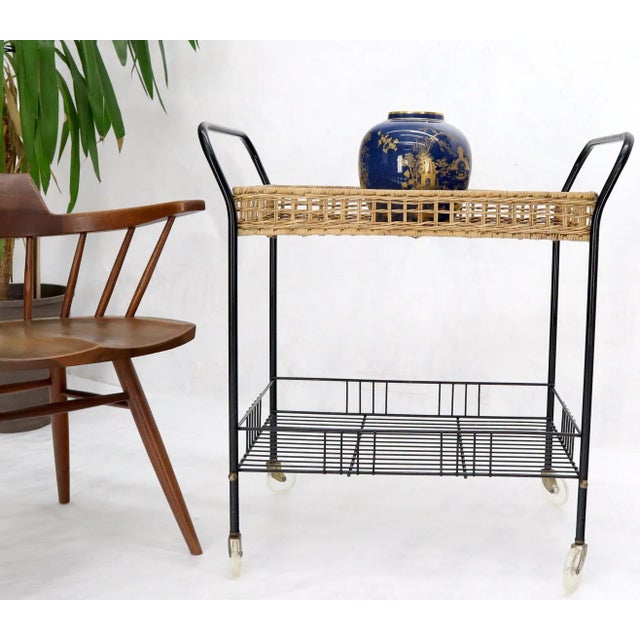Wicker & Bent Steel Mid-Century Modern Serving Cart Side Table on Wheels For Sale - Image 12 of 13