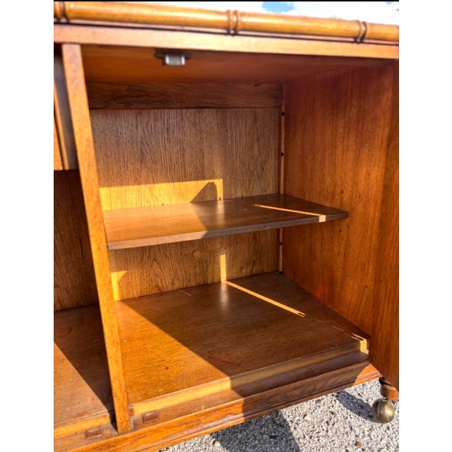 Wood Mid Century Stanley Faux Bamboo Rolling Server For Sale - Image 7 of 11