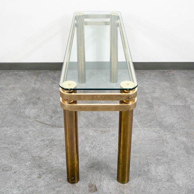 Mid Century Modern Console Table Entry Sofa Metal Brass Glass Vintage Floating For Sale - Image 4 of 9