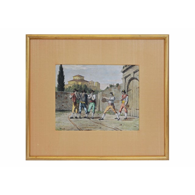 Antique Italian Lithograph Hand-Colored Set of 4 Traditional Dances & Games Silk Mats Gilt Frames For Sale - Image 12 of 16