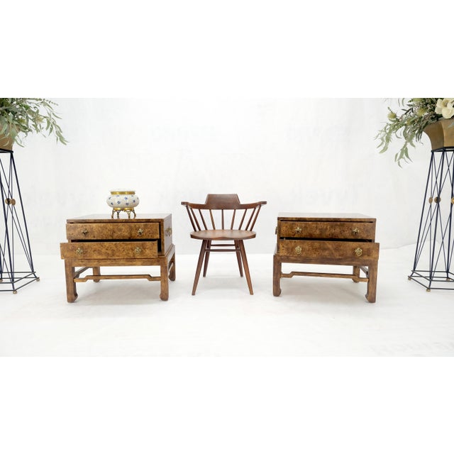 Pair of Burl Asian Campaign Fusion 2 Drawer Night Stands End Table Brass Pulls For Sale - Image 14 of 15