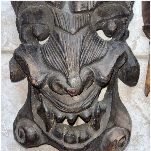Vintage or Antique Hand-Carved Asian Wooden Guardian or Demon Masks, Often Featuring Stacked or Multi-Tiered Faces With Fierce For Sale - Image 4 of 14