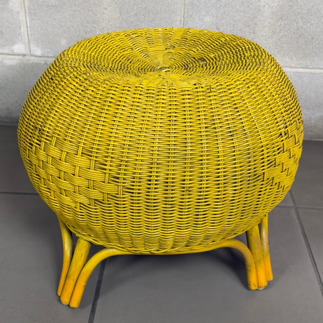 20th Century Modernist Round Wicker Rattan Pouf in Yellow For Sale - Image 4 of 9