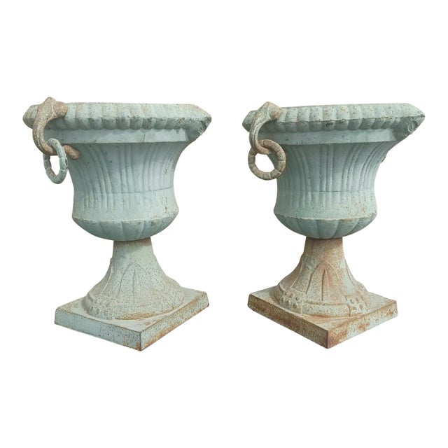 Antique Pair of Green Cast Iron Urns For Sale