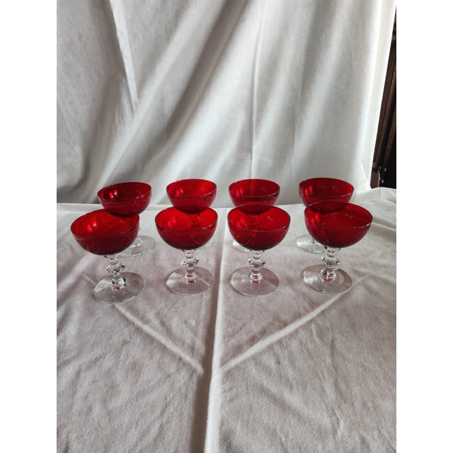 Hollywood Regency Set of Eight Vintage Ruby Red With Clear Faceted Stems Champagne Glasses For Sale - Image 3 of 8