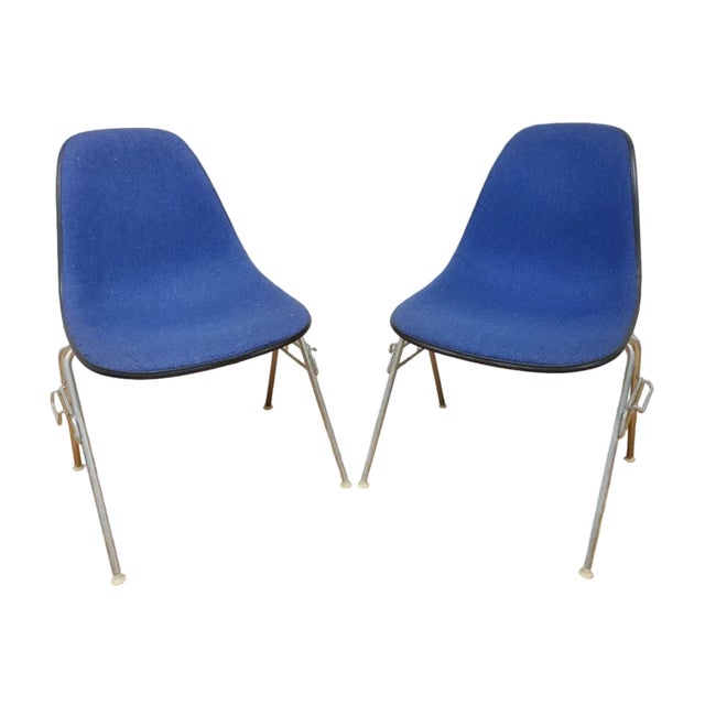 Mid Century Modern Eames for Herman Miller Molded Fiberglass Shell Chairs with Alexander Girard Blue Upholstery - Set of 4...