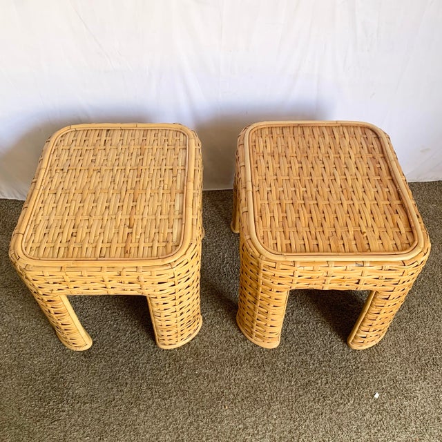 Late 20th Century Boho Chic Woven Bamboo Rattan Side Tables - A Pair For Sale - Image 5 of 8
