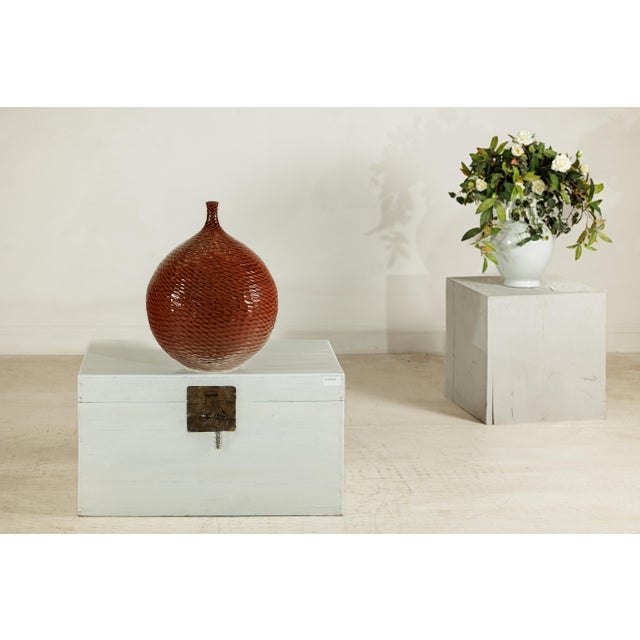 Large Handcrafted Ceramic Vase with Glossy Brown Honeycomb Texture For Sale - Image 17 of 18