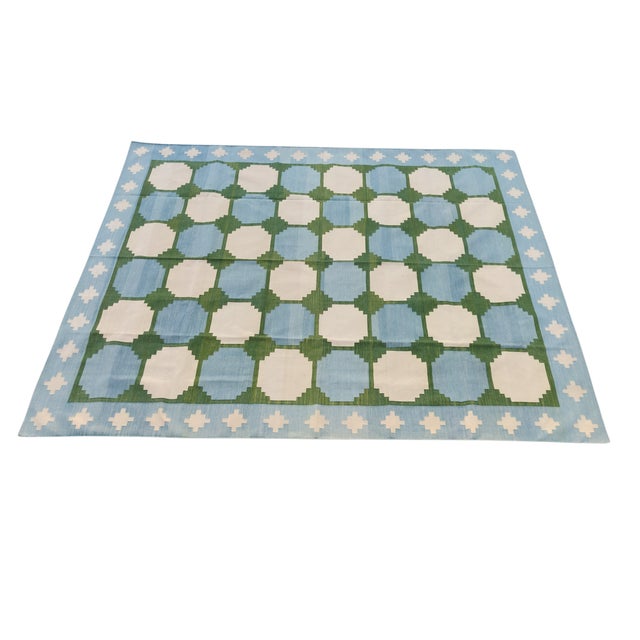 Handmade Woolen Flat Weave Swedish Pattern Sky Blue and Forest Green Area Rug - 9'x14' For Sale - Image 17 of 17