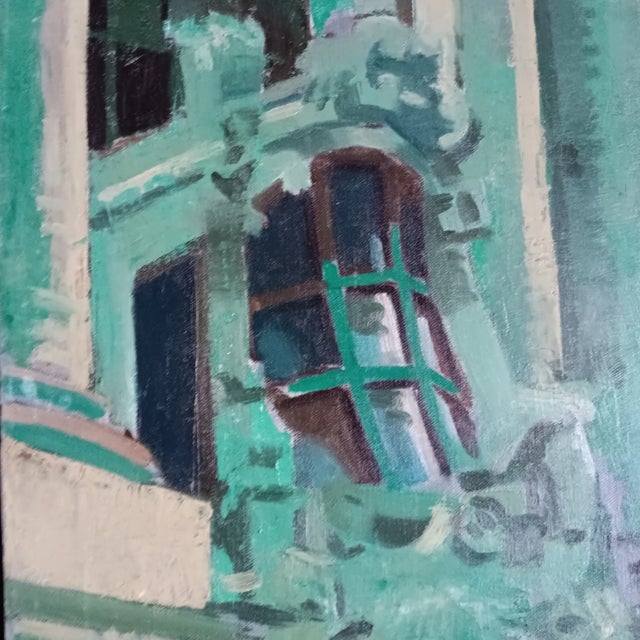 “Nocturne of the New York Yacht Club” Vintage Architectural Cityscape Original Oil Painting by David Beynon Pena For Sale - Image 4 of 9