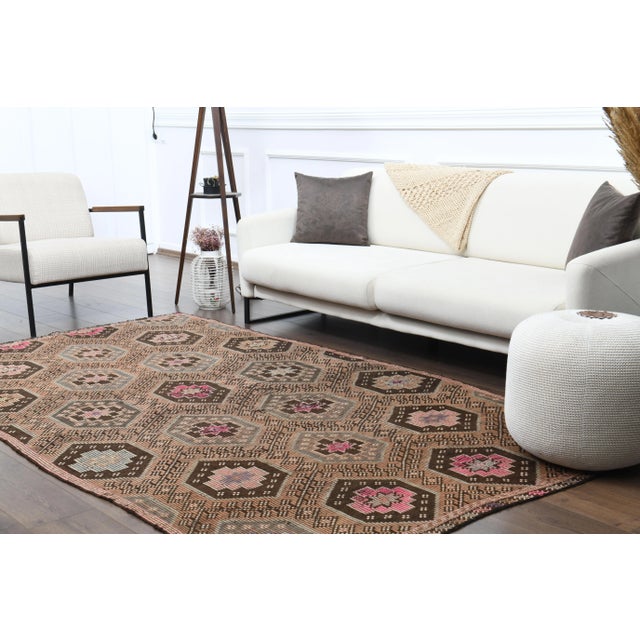 1970s 1970s Vintage Turkish Hand-Knotted Wool Cotton Brown Area Rug For Sale - Image 5 of 12