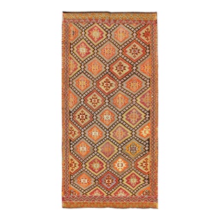 Mid 20th Century Colorful Vintage Turkish Embroidered Flat-Weave Kilim Rug With All-Over Diamond Design For Sale