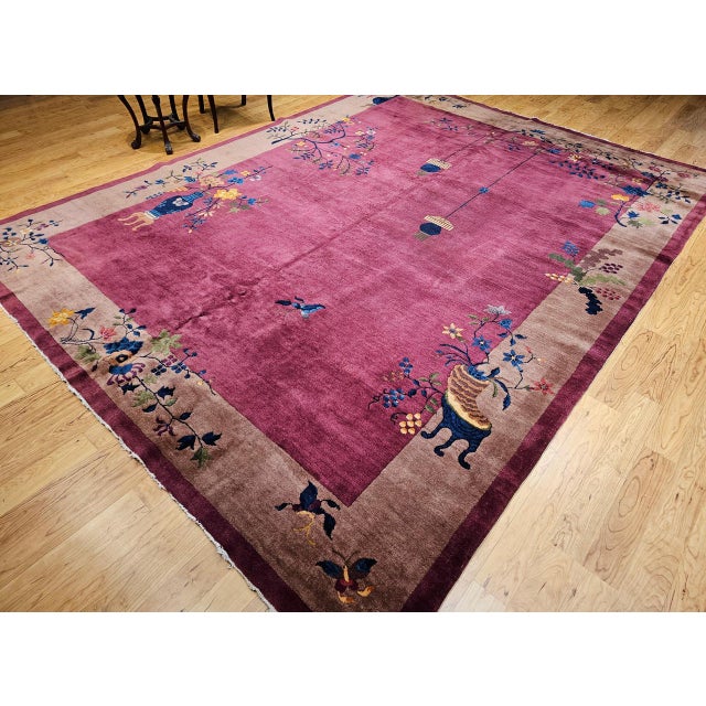 Vintage Chinese Art Deco Hand-Knotted Rug, Floral Motif, Wool, 1900s, 9' x 12' For Sale - Image 16 of 18