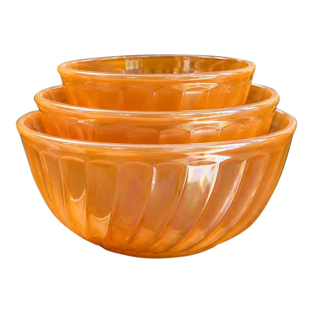 Vintage 1950s Fire-King Peach Lustre Swirl Nesting Mixing Bowls — Set of 3 For Sale