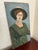 Antique portrait painting of a lady in Edwardian dress, painted on board with oil pastels and paints in a naive folk art...