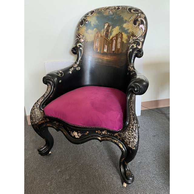 Victorian Exceptional 19th Century English Victorian Papier-Mâché Gothic Revival Black Lacquer Arm Chair For Sale - Image 3 of 17