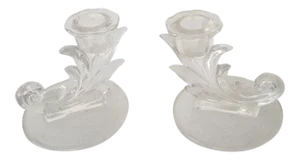 Art Deco Fostoria Baroque Meadow Rose Glass Candle Holders - aPair