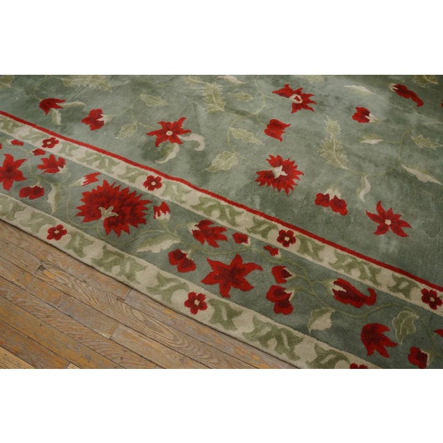 Pistachio Awesome Green Ground Color With Striking Red Flowers in a Floral Design Antique Chinese Art Deco Rug For Sale - Image 8 of 12
