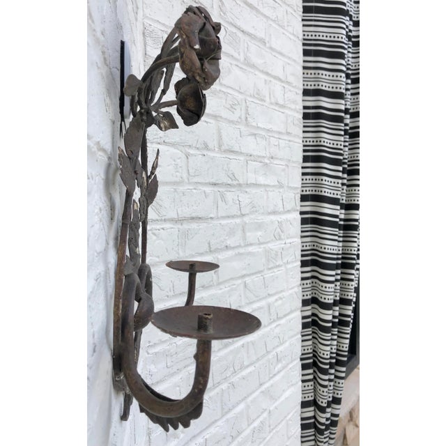 Rustic 1960's Iron Rosette Candle Wall Sconce For Sale - Image 3 of 4