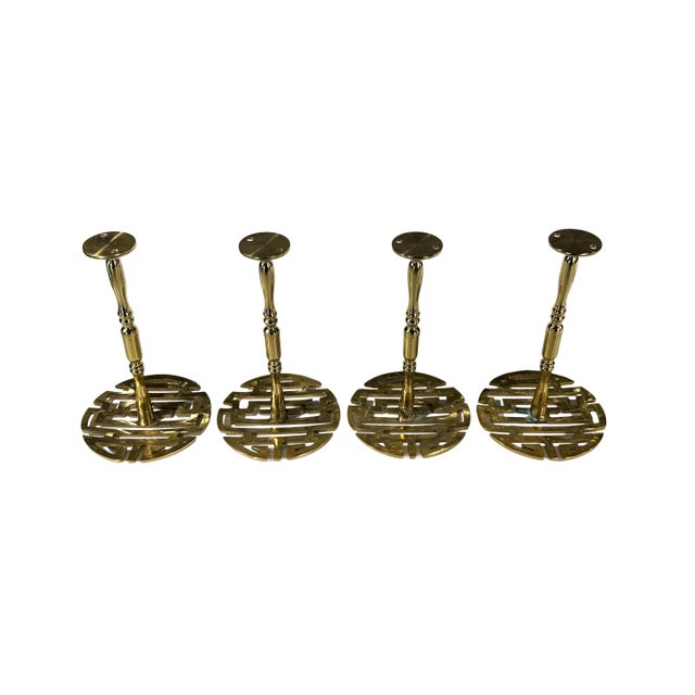 Late 20th Century Vintage Brass Chinese Shou Longevity Curtain Tieback Posts Two Pairs - Set of Four For Sale - Image 5 of 6