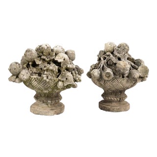 Pair of Vintage Cast Stone Fruit Basket Garden Finials For Sale
