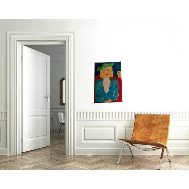 This abstract portrait painting of a seated lady wearing a hat is by self-taught California artist JoAnne Fleming...