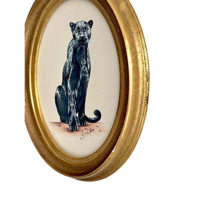 Original Hand-Painted Black Panther Painting in a Vintage Oval Frame For Sale - Image 4 of 4